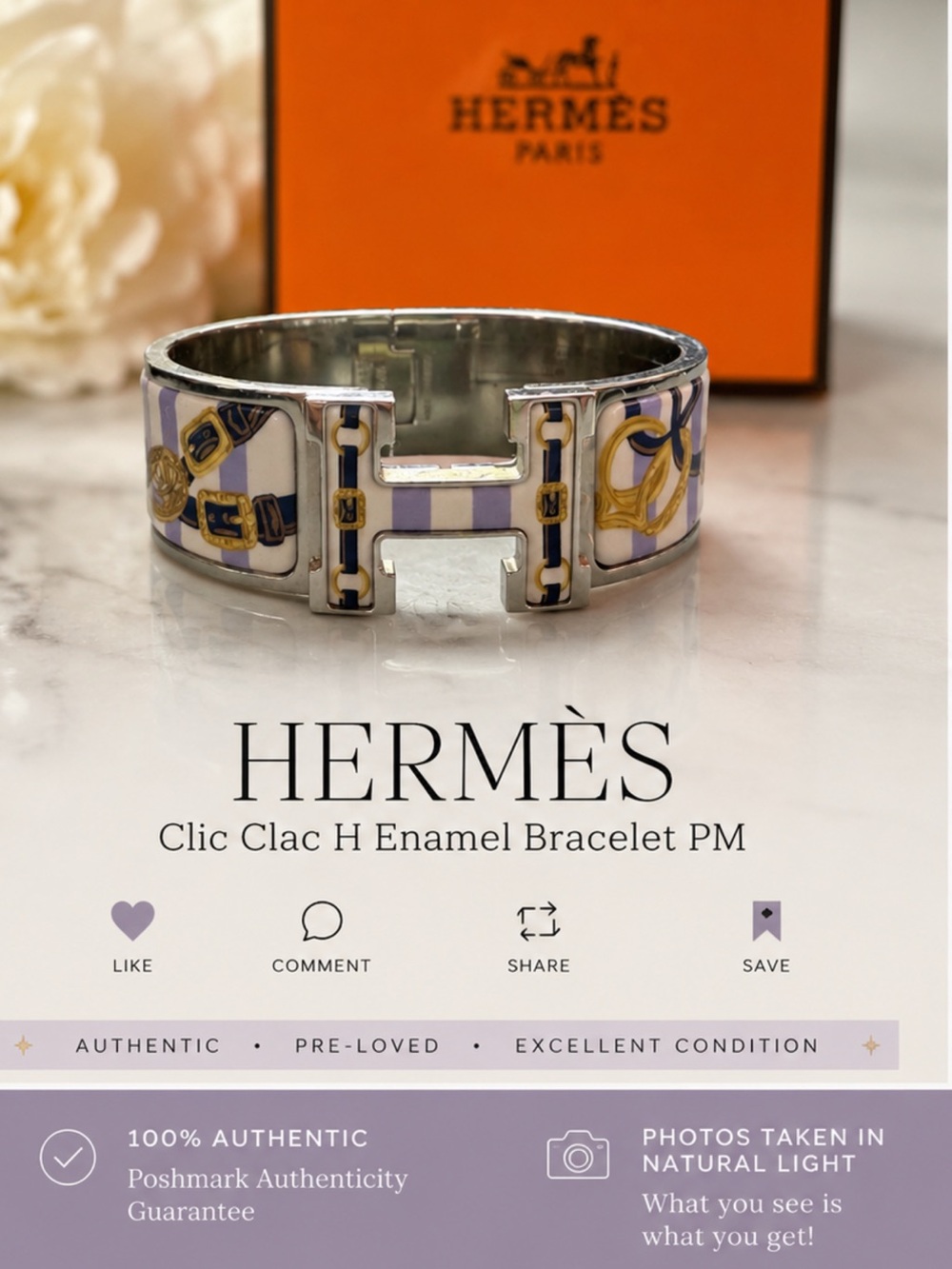Hermès Lavender and White Clic Clac H Enamel Bracelet with Gold Accents - Picture 1 of 5